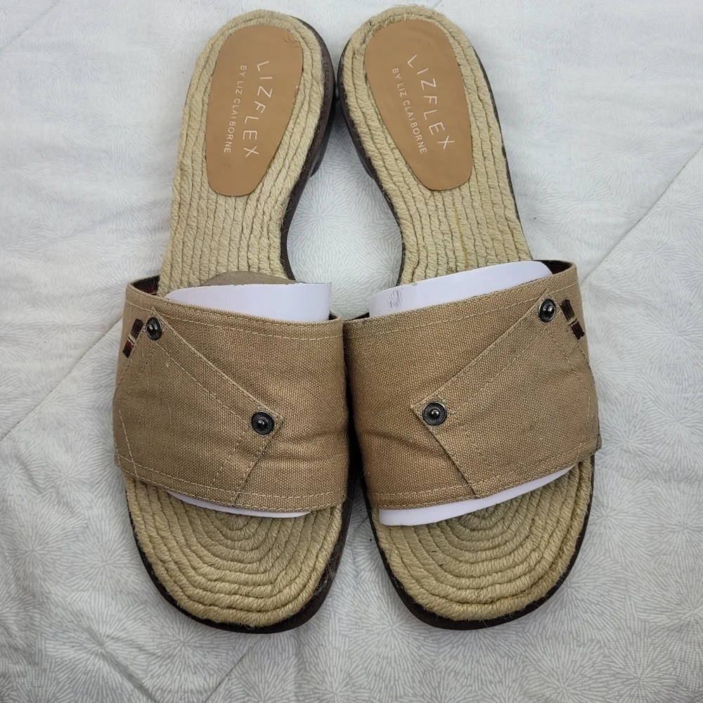Liz Flex Espadrille Slide Sandals tan canvas uppers pocket detail boho funky 9.5